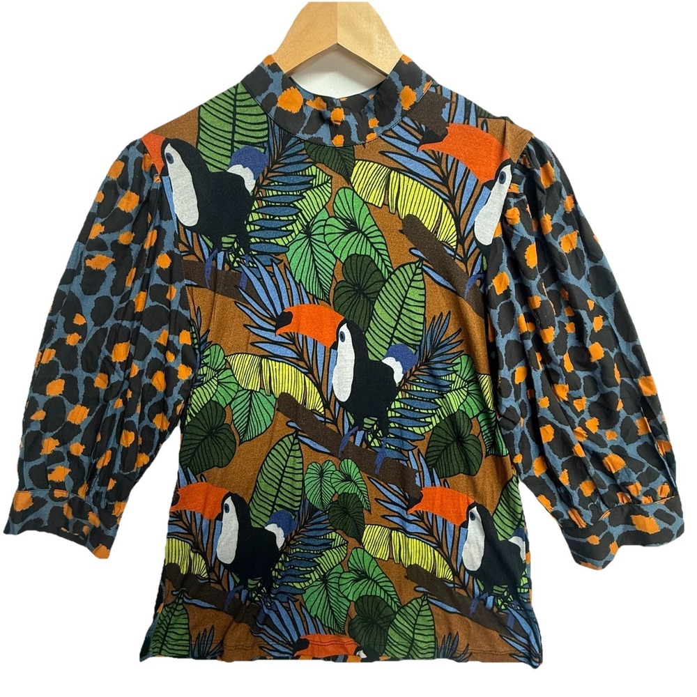 Blink London M‎ Toucan Jungle Leopard Print Blouse Viscose Puff Sleeve
